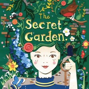 May include: A paper cut-out illustration of a girl with green hair holding a key. The girl is surrounded by flowers and greenery. The text "The Secret Garden" is written in yellow letters above the girl's head.