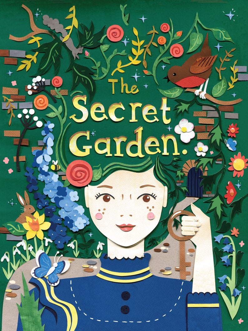 May include: A paper cut-out illustration of a girl with green hair holding a key. The girl is surrounded by flowers and greenery. The text "The Secret Garden" is written in yellow letters above the girl's head.