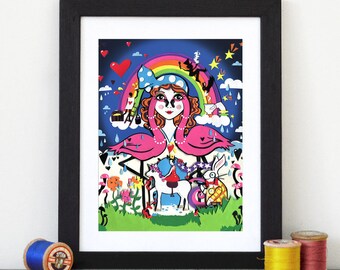 Alice in Wonderland Art - Teenage Girl Art- Psychedelic Art - Rainbow Wall Art - Flamingo Print - Trippy Art - Surreal Art - Mad Tea Party