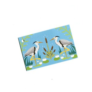 Pu&ograve; includere: Una scheda rettangolare con sfondo azzurro presenta due aironi grigi con zampe gialle e becchi arancioni. Gli aironi sono in uno stagno con ninfee e giunchi. La scheda ha un foro nell'angolo in alto a sinistra.