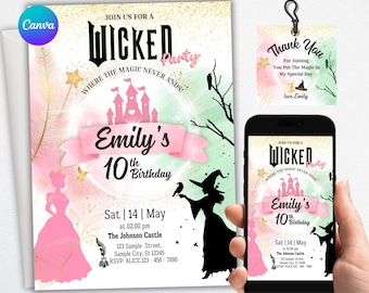 Invitación de cumpleaños personalizada y editable de Wicked, plantilla de Canva para etiqueta de regalo GRATIS, invitación para fiesta de Wicked