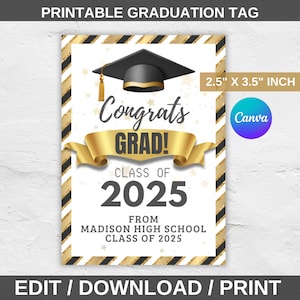 Personalisierte Graduierung Danke Geschenkanhänger Vorlage, bearbeitbare Schwarz und Gold Klasse von 2025 Congrats Grad Favor Tag, DRUCKBARER DOWNLOAD