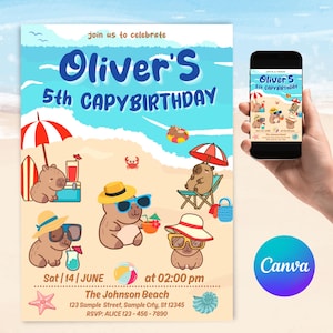 Personalised Capybara Canva Summer Birthday Party Invitation, Editable Cute Blue Capy Pool Party Invite, Digital Template, Canva Template