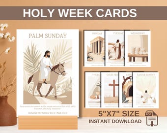 May include: A set of printable Holy Week cards featuring illustrations of scenes from the Bible. The cards are 5 inches by 7 inches and are available for instant download. The cards include Palm Sunday, Monday, Tuesday, Wednesday, Thursday, Good Friday, Saturday, and Easter Sunday.