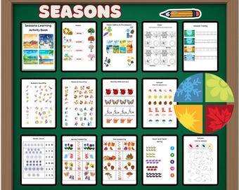 May include: A green chalkboard with the words "FUN LEARNING ACTIVITIES FOR KIDS" and "SEASONS" in white. The board displays various educational worksheets for children, including counting, matching, and coloring activities. The text "DOWNLOAD, PRINT, START LEARNING" is at the bottom.