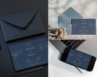 Wedding Invitation Navy and Gold Set , Invitation Template Set, Modern Menu, Elegant table number, Modern Name Card Set, Editable