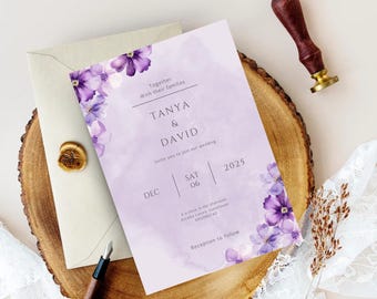Purple Floral Wedding Invitation Set | 5-Piece Editable Template Bundle | Digital Download for Canva | Elegant Wedding Stationery