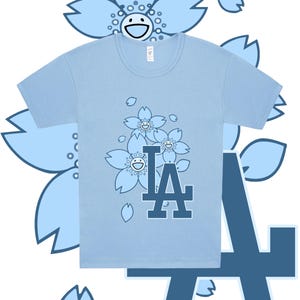 Camiseta de Takashi Murakami con estampado de flor de cerezo de Los Angeles Dodgers, camiseta de canalé para bebé, camisa elegante y ajustada para mujer, a la moda, ROPA DE LOS ÁNGELES
