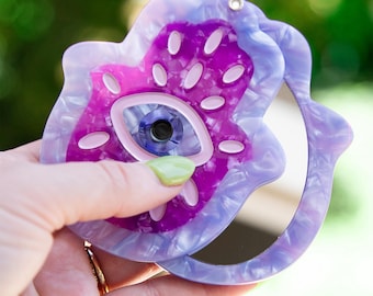 Purple Hamsa Pocket Mirror, Jewish Gift for Women, Bat Mitzvah Present, Camp Care Package