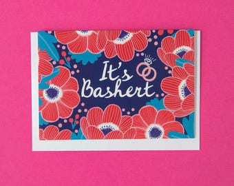 It’s Bashert Wedding, Anniversary, or Valentine's Day Card – His & Hers Rings with Red Anemone Flowers – Jewish Love Greeting Card