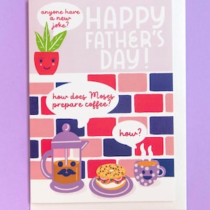 Carte de fête des pères avec papa blague – « Comment Moïse prépare-t-il le café ? Hébreux, ça ! – Carte amusante pour papa ou grand-père – Illustrée par Oy Vey Crafts