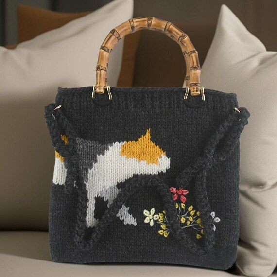 Handmade Black Crochet Bag With Bamboo Handle and Cat Embroidery