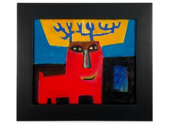 Reindeer Painting #56 - created 2022. Elegantly framed, small original oil reindeer painting by Brad Nack