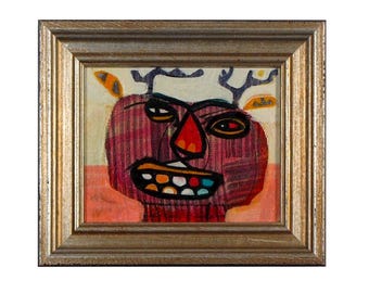Reindeer Painting #86 - created 2018. One of a kind, elegantly framed, small original oil painting on canvas by Brad Nack.