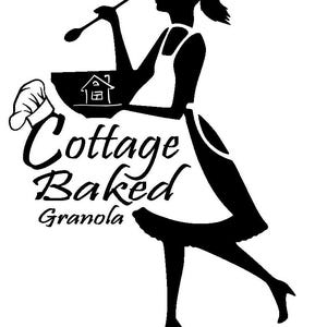 May include: Black and white illustration of a woman in a dress holding a bowl of granola. The text "Cottage Baked Granola" is below the woman.
