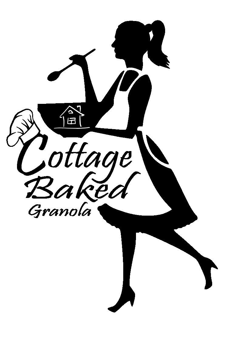 May include: Black and white illustration of a woman in a dress holding a bowl of granola. The text "Cottage Baked Granola" is below the woman.