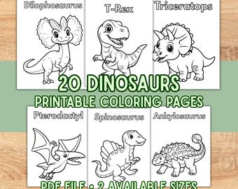 20 kleurplaten dinosaurussen | Gemakkelijke dino-kleurplaten voor kinderen | Afdrukbare jongensactiviteit | Eenvoudige kleurplaten (pdf-bestand)