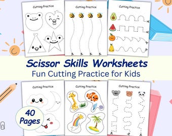 Scissor Skills Worksheets • Cutting Practice & Fine Motor Activity ( Preschool, Kindergarten Kids ) • Pre-Writing Sheets • Cut Lines, Shapes