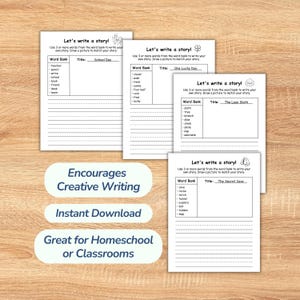 Writing Prompts for Kids in first grade and second grade ( Write and Draw ).Great for homeschooling, these writing worksheets are great as a fun storytelling game and literacy activity. Improves creative writing  through simple sentence building exercises, letting kids create their own story.