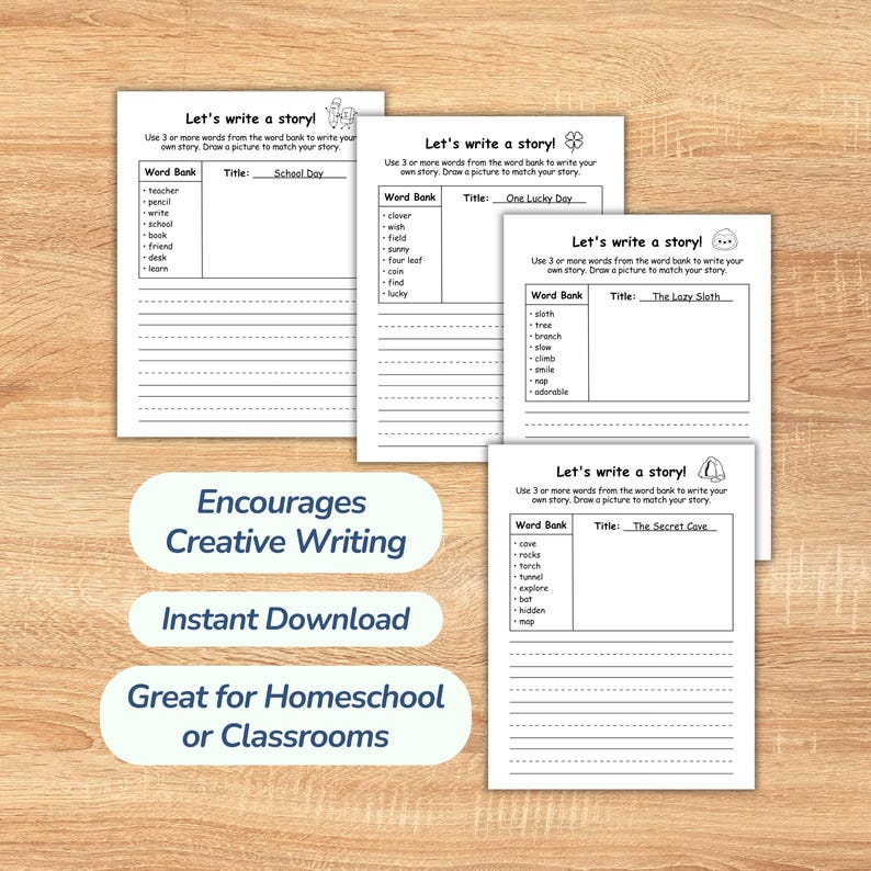 Writing Prompts for Kids in first grade and second grade ( Write and Draw ).Great for homeschooling, these writing worksheets are great as a fun storytelling game and literacy activity. Improves creative writing  through simple sentence building exercises, letting kids create their own story.