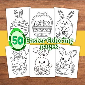 May include: A collection of 50 Easter coloring pages featuring various bunny and egg designs. The pages are black and white line drawings, perfect for kids to color. The text "Easter Coloring pages" is visible.
