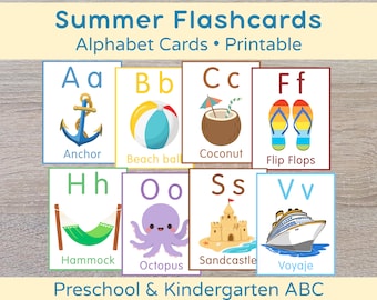 Zomer ABC-flashkaarten - Alfabet-flashkaarten (voorschoolse en kleuterschool Abc) - Zomerwoorden - Alfabet leren (zomeractiviteiten)