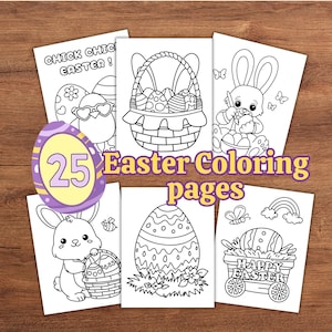 Może przedstawiać: Zestaw 25 kolorowanek wielkanocnych. Strony zawierają rysunki konturowe pisanek, królików, kurczaków, koszyków i wózka z napisem "Happy Easter". Widoczny jest również tekst "Easter Coloring pages".
