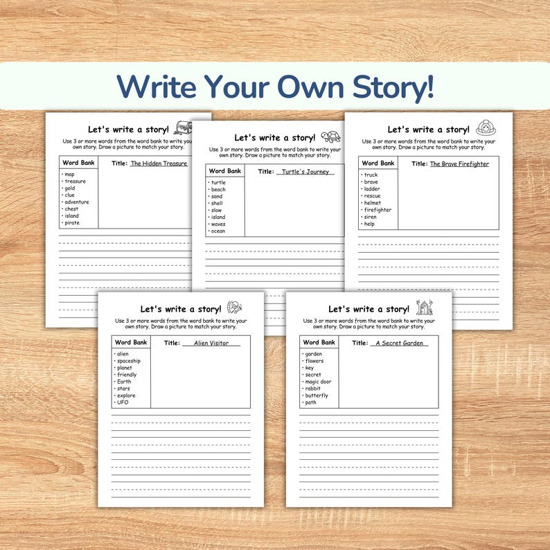 Writing Prompts for Kids in first grade and second grade ( Write and Draw ).Great for homeschooling, these writing worksheets are great as a fun storytelling game and literacy activity. Improves creative writing  through simple sentence building exercises, letting kids create their own story.
