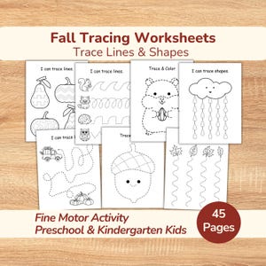 Puede incluir: Una colección de hojas de trabajo de caligrafía de otoño con 45 páginas de actividades de trazo de líneas y formas para niños de preescolar y jardín de infantes. Las páginas blancas muestran dibujos de líneas negras de calabazas y animales.