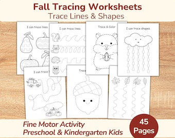 Fall Tracing Worksheets - 45 Fine Motor Skills Activities for Preschool & Kindergarten Kids • Pre-Writing • Autumn Trace Lines and Shapes