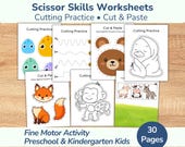 Cut & Paste Worksheets • Fine Motor Activity, Scissor Skills ( Preschool, Kindergarten Kids ) • 30 Pre-Writing Sheets • Cutting Practice