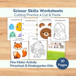 Könnte beinhalten: Arbeitsblätter für Scherenfähigkeiten für Vorschulkinder und Kinder im Kindergartenalter. Die Arbeitsblätter umfassen Schneideübungen und Ausschneide- und Klebeaktivitäten mit farbenfrohen Illustrationen von Tieren und Formen. Das Set umfasst 30 Seiten.