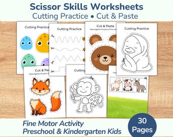 Fichas de recortar y pegar • Actividad de motricidad fina, habilidades con tijeras (Niños de preescolar y jardín de infancia) • 30 fichas de preescritura • Práctica de recorte
