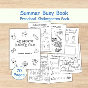 May include: A summer-themed activity book for preschool and kindergarten children. The cover reads "My Summer Activity Book" and "This Book Belongs To". Inside are coloring pages, mazes, and counting activities. The book has 70 pages.