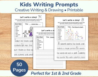 50 Writing Prompts for Kids • Creative Write and Draw Worksheets (1st & 2nd Grade) • Fun Storytelling Game, Write Your Own Story • Printable