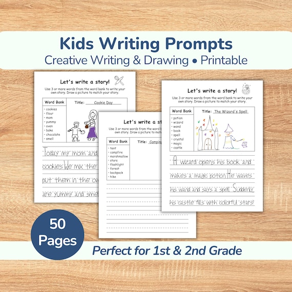 50 Writing Prompts for Kids • Creative Write and Draw Worksheets (1st & 2nd Grade) • Fun Storytelling Game, Write Your Own Story • Printable
