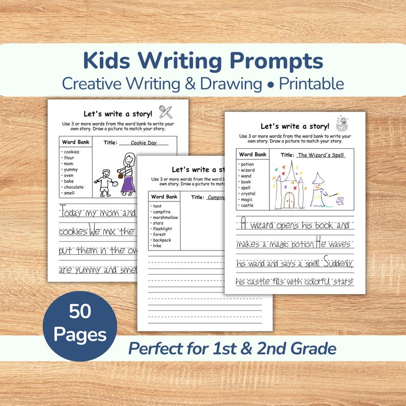 Writing Prompts for Kids in first grade and second grade ( Write and Draw ).Great for homeschooling, these writing worksheets are great as a fun storytelling game and literacy activity. Improves creative writing  through simple sentence building exercises, letting kids create their own story.