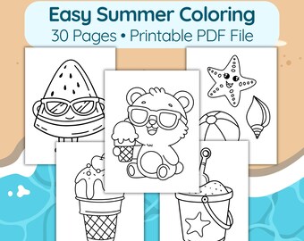 30 Summer Coloring Pages | Easy Coloring for Kids | Beach & Summer Activity | Simple Ice Cream, Cute Animals Preschool Coloring | Bold Lines