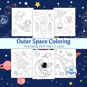 Könnte beinhalten: Sechs schwarz-weiße Ausmalbilder zum Thema Weltraum. Die Seiten zeigen Raketen, Planeten, Astronauten und Ufos. Der Text "Outer Space Coloring" und "Printable PDF File • 2 sizes" sind zu sehen. Der Text "30 Pages" ist ebenfalls enthalten.