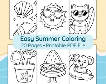 20 Summer Coloring Pages | Easy Coloring for Kids | Beach & Summer Activity | Simple Ice Cream, Cute Animals Toddlers Coloring | Bold Lines