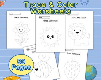 Tracing Worksheets - Fine Motor Skills Practice | 50 Preschool Trace and Color Activity | Printable Kids Workbook | Preschool Curriculum