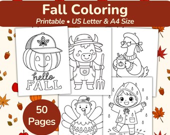 50 Fall Coloring Pages • Easy Coloring for Kids • Autumn Kids Activity • Pumpkin, Turkey, Thanksgiving Color and more • Cute Fall Animals