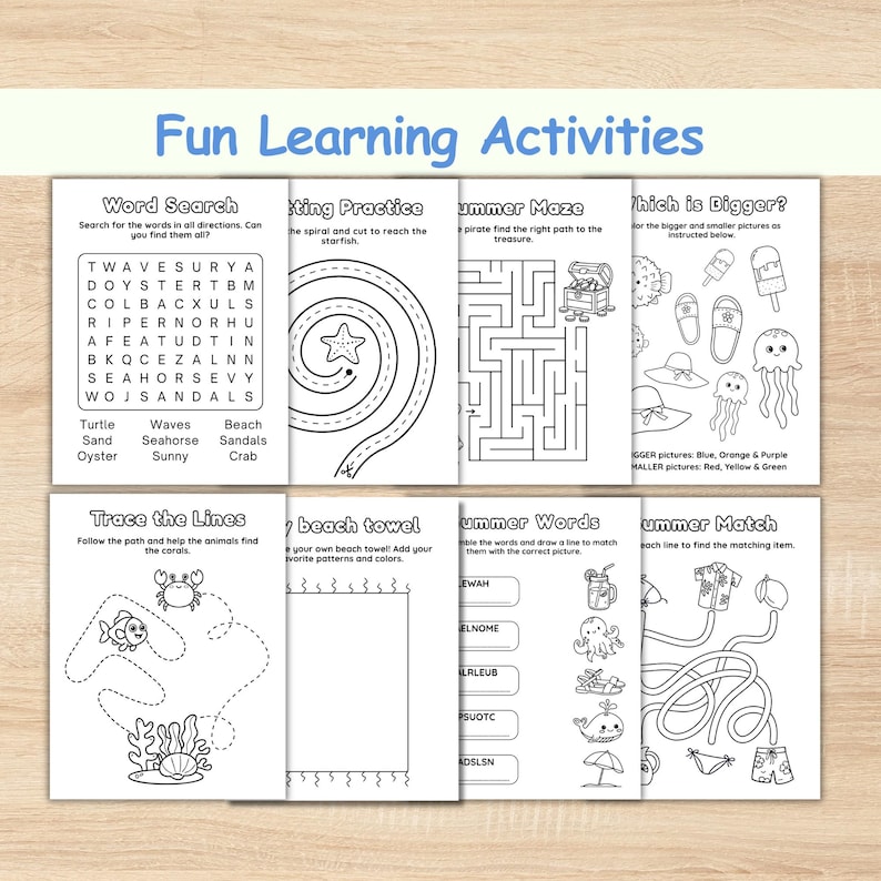 May include: A collection of black and white activity sheets for children, featuring various summer-themed games. The sheets include word searches, mazes, tracing, and matching activities, with the title "Fun Learning Activities" in blue.
