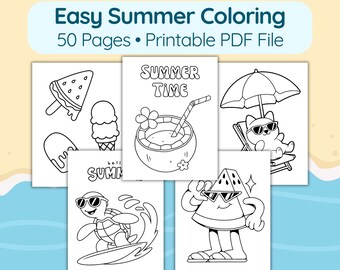 50 Summer Coloring Pages | Easy Coloring for Kids | Beach & Summer Activity | Simple Ice Cream, Cute Animals Preschool Coloring | Bold Lines