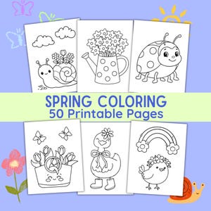 Könnte beinhalten: Sechs schwarz-weiße Malvorlagen zum Thema Frühling. Die Seiten zeigen Illustrationen einer Schnecke, Blumen, eines Marienkäfers, Schmetterlingen, einer Ente und eines Vogels. Der Text "SPRING COLORING 50 Printable Pages" ist zu sehen.