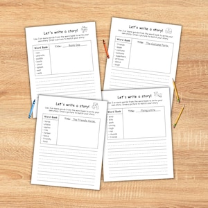 Writing Prompts for Kids in first grade and second grade ( Write and Draw ).Great for homeschooling, these writing worksheets are great as a fun storytelling game and literacy activity. Improves creative writing  through simple sentence building exercises, letting kids create their own story.