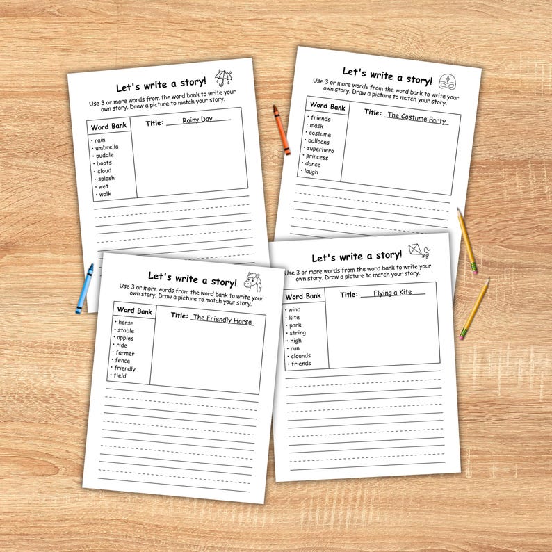 Writing Prompts for Kids in first grade and second grade ( Write and Draw ).Great for homeschooling, these writing worksheets are great as a fun storytelling game and literacy activity. Improves creative writing  through simple sentence building exercises, letting kids create their own story.