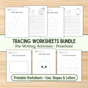 Lot de feuilles de calcul | Pré-écriture et pratique de la motricité fine | Lignes, formes et calques pour enfants d'âge préscolaire | Pratique de l'écriture manuscrite
