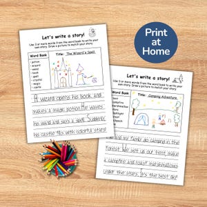 Writing Prompts for Kids in first grade and second grade ( Write and Draw ).Great for homeschooling, these writing worksheets are great as a fun storytelling game and literacy activity. Improves creative writing  through simple sentence building exercises, letting kids create their own story.