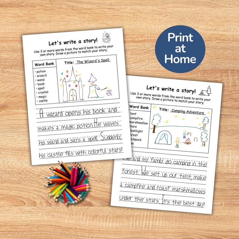 Writing Prompts for Kids in first grade and second grade ( Write and Draw ).Great for homeschooling, these writing worksheets are great as a fun storytelling game and literacy activity. Improves creative writing  through simple sentence building exercises, letting kids create their own story.